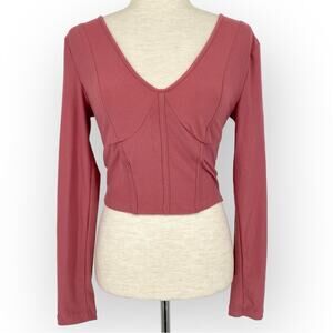 FEATHERS V Neck Long Sleeve Crop Top Mauve Pink Size Small Casual Stretch